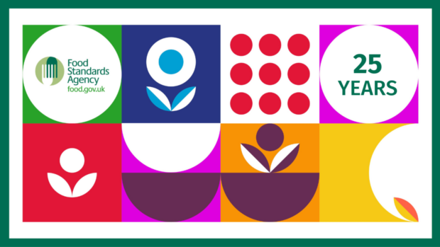 Food Standards Agency: 25 years image, with a variety of colourful squares containing abstract pictures of food